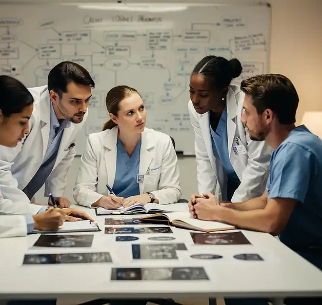 Medisch team in overleg rond vergadertafel in moderne klinische ruimte, met casusbestanden en whiteboard op de achtergrond.