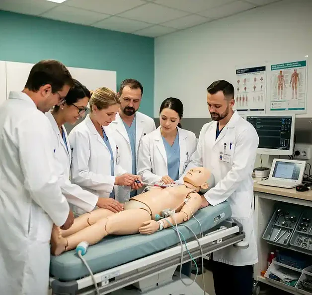 Medisch team in witte jassen rond een simulatietafel tijdens een klinische training, met zichtbare apparatuur en patiëntendossiers.