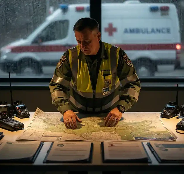 Regionale coördinator in veiligheidsvest bestudeert tactische kaart op commandotafel met radioapparatuur en medische documenten, ambulance zichtbaar op achtergrond.