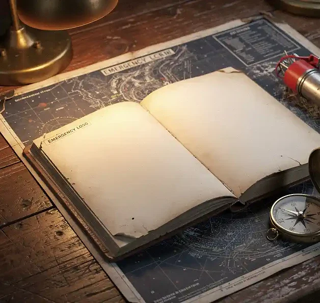 Verouderd noodlogboek open op een zeekaart, naast een reddingsfakkel en kompas op een houten navigatietafel in marineblauw en amberkleurig licht.