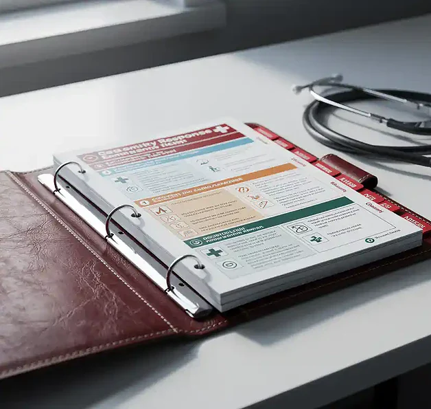 Open noodbinder met rode tabbladen en medische protocollen op een klinisch bureau, stethoscoop ernaast, zacht natuurlijk licht.