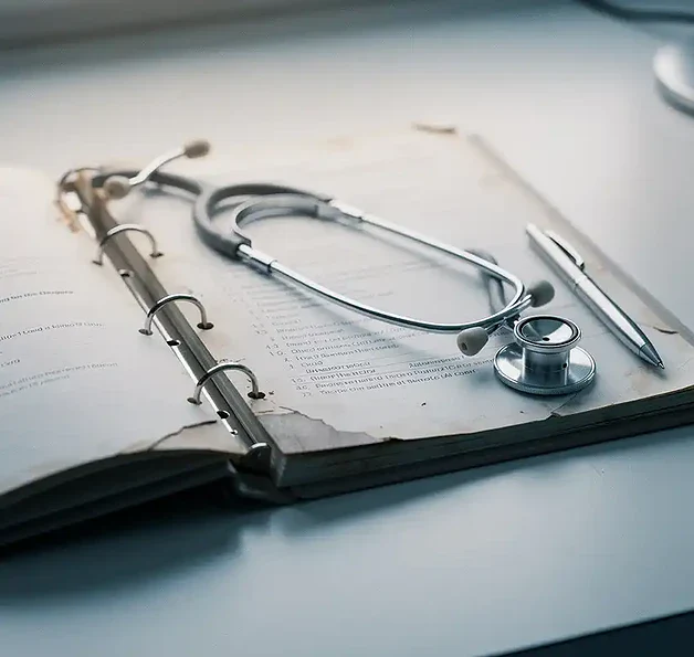 Opengeslagen medische noodbinder op klinisch bureau met stethoscoop en handgeschreven protocollen in blauw-witte tinten.