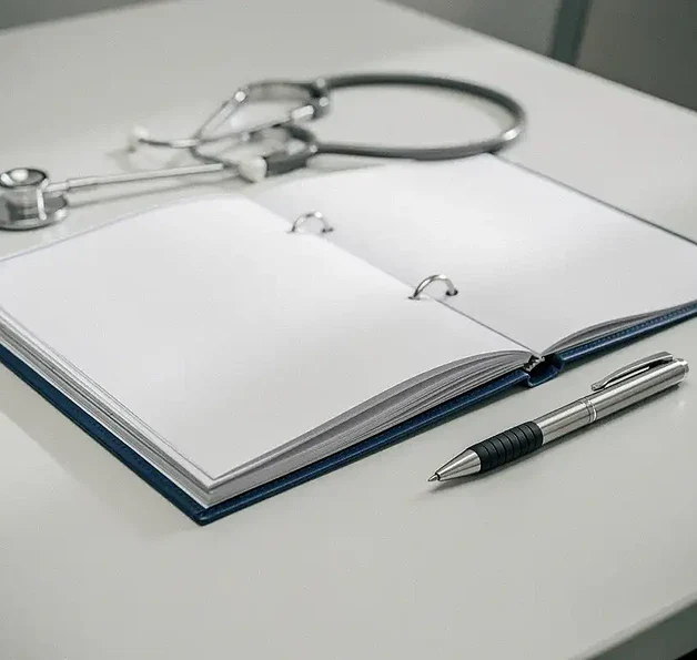 Open noodrespons-ringband op klinisch bureau naast stethoscoop en pen, zacht licht, professionele sfeer.