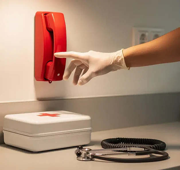 Handschoen van zorgprofessional reikt naar rode noodtelefoon op klinische wand, met EHBO-kit en stethoscoop op bureau.