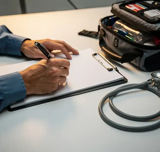 Paramedicus vult een incidentrapport in op een klembord, met een stethoscoop en EHBO-tas op een witte ondergrond.