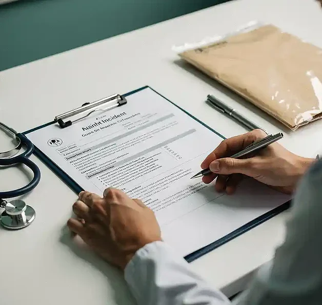 Medische professional bestudeert patiëntincidentrapport op klembord, met stethoscoop en pen op wit bureau.