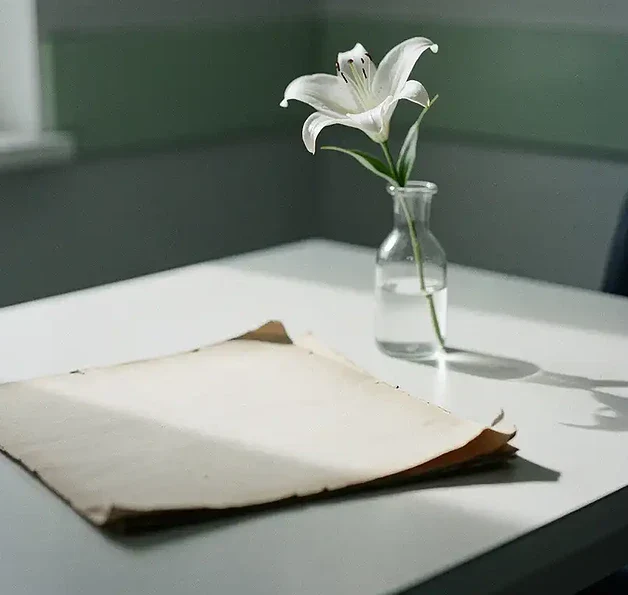 Verouderd patiëntendossier op een klinisch bureau naast een witte lelie, zacht natuurlijk licht met zachte schaduwen.