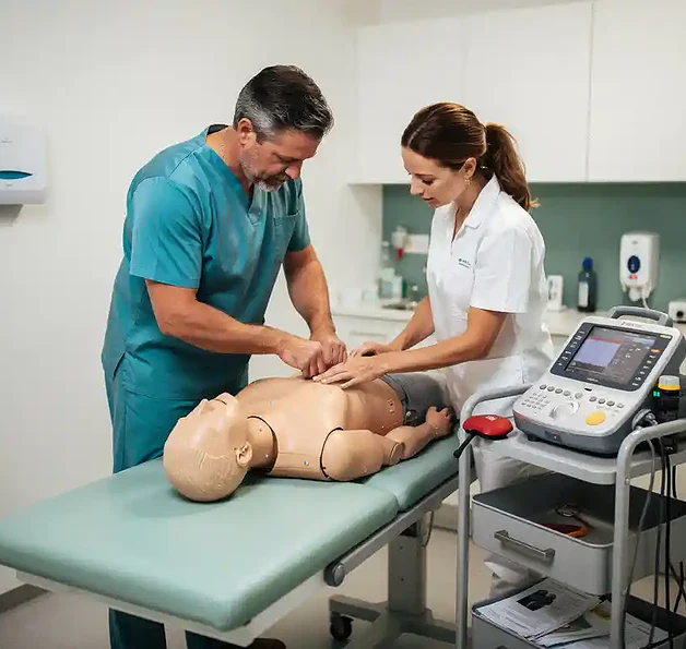 Huisarts en praktijkassistente oefenen reanimatie op trainingsmannequin met defibrillator in huisartsenpraktijk.