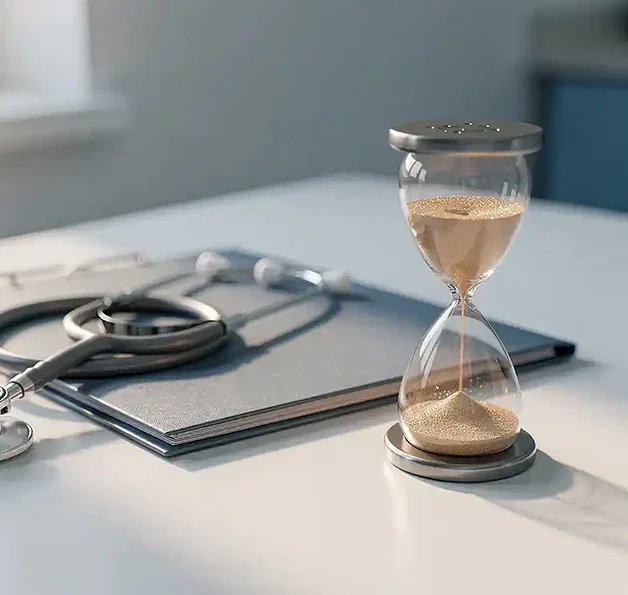 Stethoscoop en patiëntdossier op een klinisch bureau naast een zandloper, zacht ochtendlicht op witte en blauwgrijze oppervlakken.