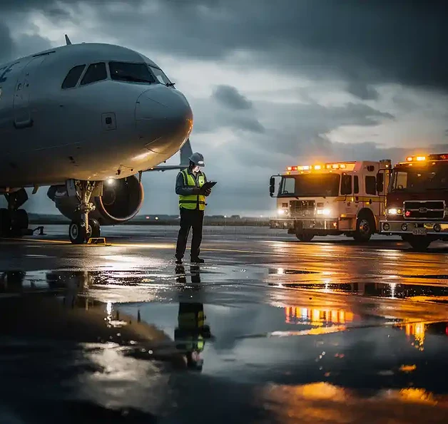 Luchtvaartinspecteur in veiligheidsvest onderzoekt stilstaand vliegtuig op regenachtig tarmac bij schemering, omringd door hulpvoertuigen met amberkleurige zwaailichten.