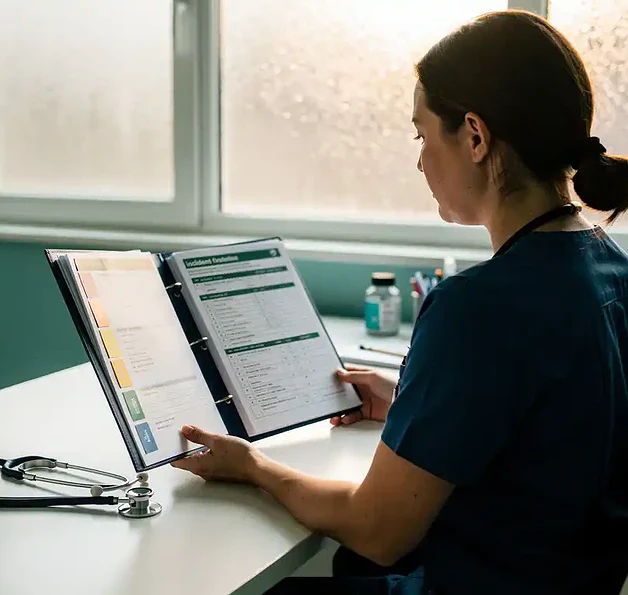 Zorgprofessional bekijkt incidentrapport aan klinisch bureau met stethoscoop, zacht ochtendlicht door matglas raam.