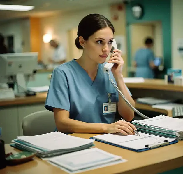 Zorgprofessional in klinische kleding telefoneert aan drukke receptiebalie met patiëntendossiers en triageklembord.