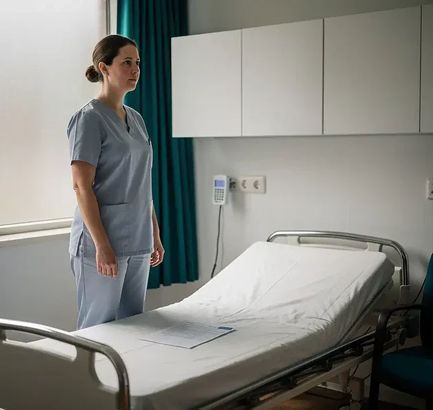 Zorgprofessional in klinische kleding staat peinzend naast een leeg ziekenhuisbed met een medisch dossier in een huisartsenpraktijk.