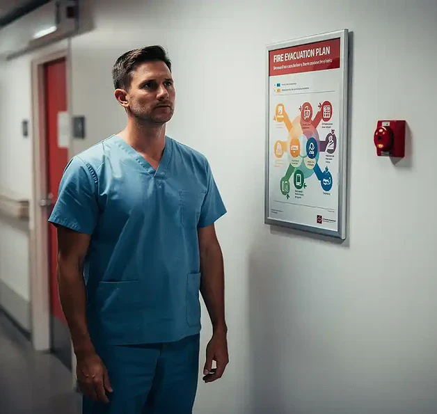 Zorgverlener in scrubs bij evacuatieplan en noodoproepknop in ziekenhuisgang.