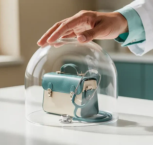 Doktershand die glazen stolp plaatst over miniatuur medische tas en stethoscoop, symbool voor zorgverzekering vangnet.