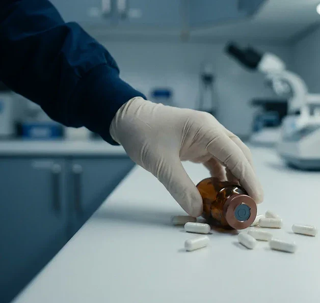 Omgevallen amber medicijnflesje op klinisch witte ondergrond, gehandschoende hand die het oppakt, witte capsules verspreid rondom.