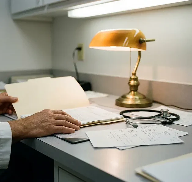 Arts die patiëntdossier bestudeert aan klinisch bureau met stethoscoop en diagnostische aantekeningen onder warm lamplicht.