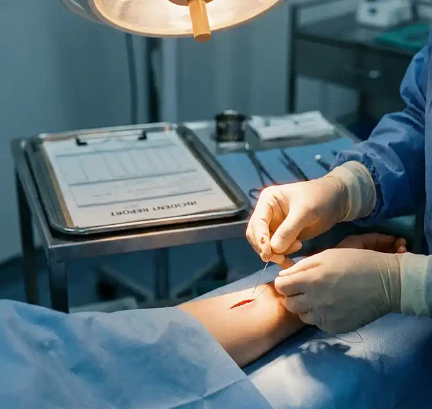 Chirurg hecht een incisie onder operatielamp, met medisch dossier en incidentrapport op steriel dienblad op de voorgrond.