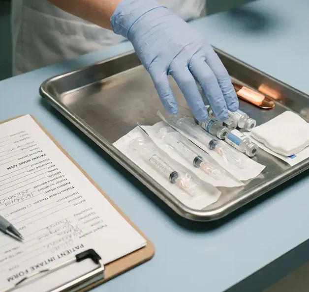 Gehandschoende hand boven een klinische tray met spuiten, ampullen en gaas op roestvrijstalen ondergrond, met een patiëntenformulier op de achtergrond.