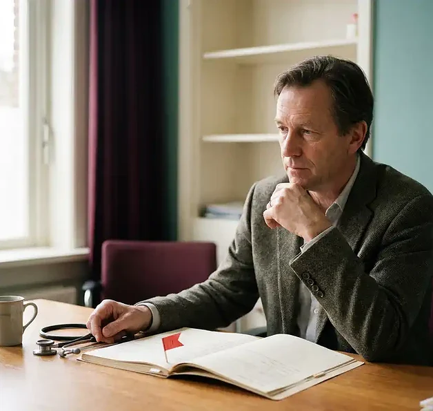 Huisarts bij klinisch bureau met open patiëntendossier, stethoscoop en rode urgentievlag in rustige Nederlandse praktijk.