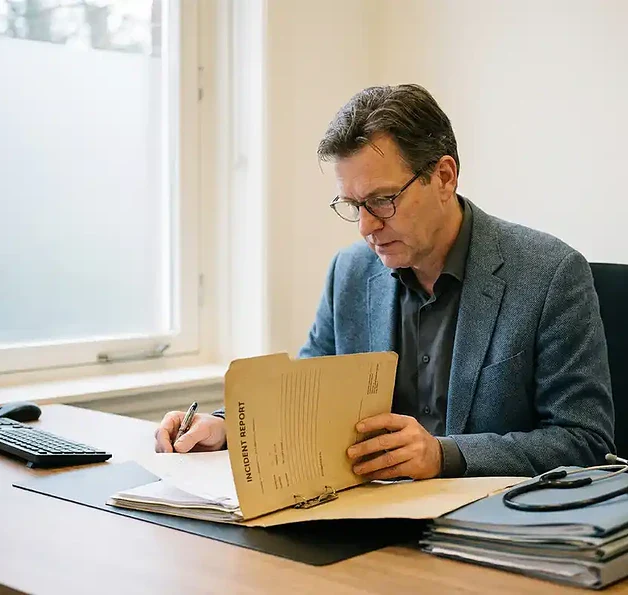 Huisarts bekijkt een medisch incidentrapport op een klinisch bureau, met stethoscoop en patiëntendossiers in zacht natuurlijk licht.