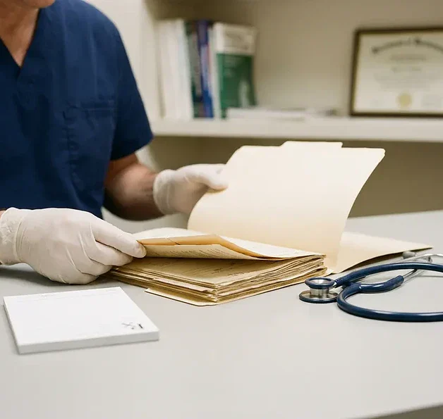 Huisarts bekijkt dik patiëntendossier op klinisch bureau met stethoscoop en receptenblok, zachte belichting.