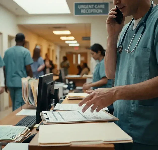 Huisarts in scrubs coördineert spoedzorg aan balie van drukke avondkliniek, triageklembord en dossiers voor zich.