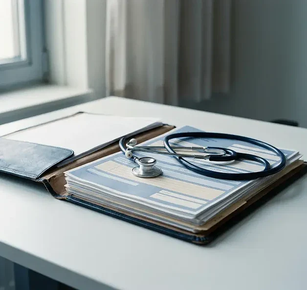 Opengevouwen klinisch onderzoeksdossier op een ziekenhuisbureau met een stethoscoop op officiële documenten, zachte institutionele verlichting.