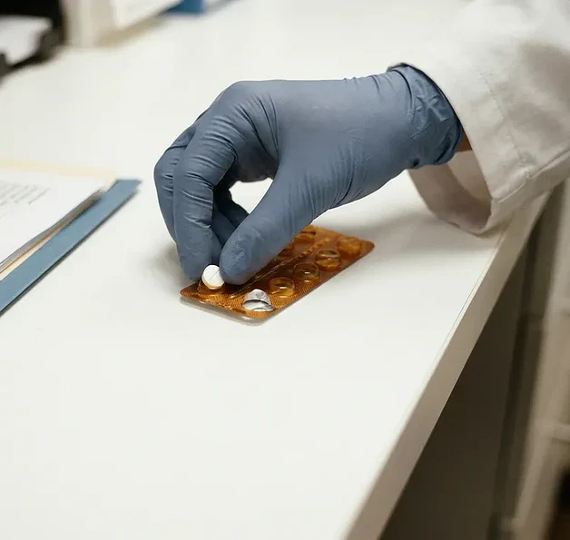Apothekershand boven een open medicijnblisterverpakking met één verschoven pil, naast een gedeeltelijk zichtbaar medicatiedossier.