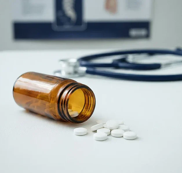 Omgevallen amber medicijnflesje met witte tabletten op wit oppervlak, stethoscoop op wazige achtergrond.