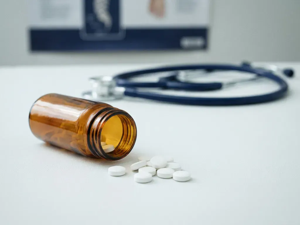 Omgevallen amber medicijnflesje met witte tabletten op wit oppervlak, stethoscoop op wazige achtergrond.