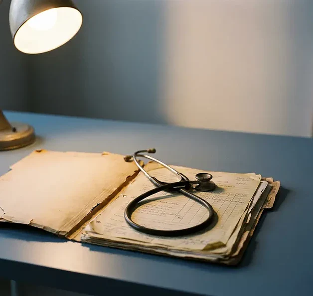 Open patiëntendossier op een klinisch bureau met een stethoscoop erop, verlicht door een bureaulamp in een sombere sfeer.