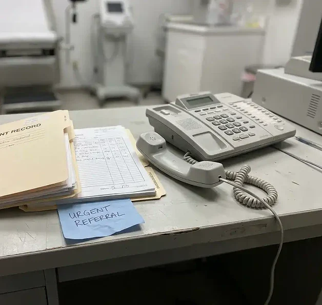 Open patiëntendossier op klinisch bureau met losliggende telefoonhoorn en handgeschreven verwijsbrief in ziekenhuisomgeving.