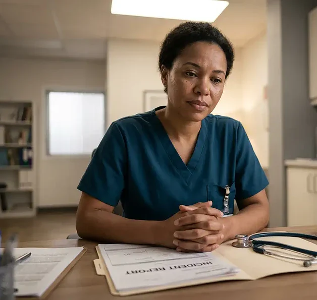 Zorgprofessional in scrubs aan bureau met open incidentrapportage map en stethoscoop, kalme en serieuze sfeer.