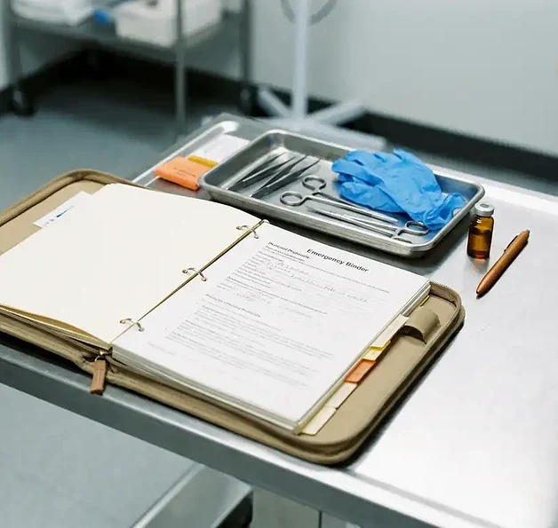 Open noodbinder op klinische behandeltafel naast medische instrumenten en latex handschoenen, zacht overhead licht.