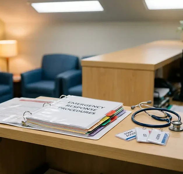 Open noodbinder op een klinische receptiebalie, met een stethoscoop en gelabelde sleutelkaarten, wachtkamer met blauwe stoelen op de achtergrond.