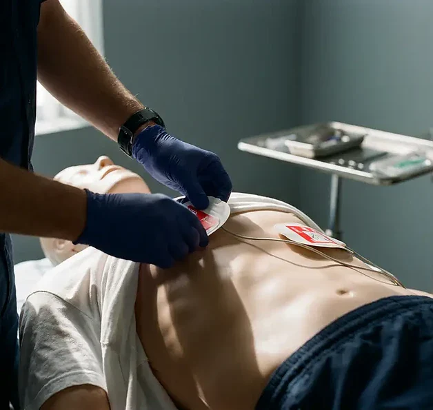Paramedicushanden plaatsen defibrillator op reanimatiepoppen tijdens EHBO-training in klinische simulatieruimte.
