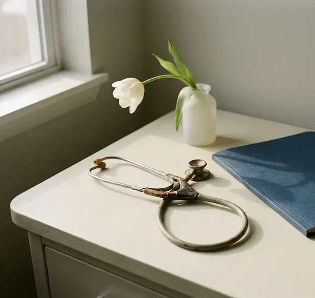 Verweerde stethoscoop naast een witte tulp op een klinisch bureau, met een gesloten patiëntendossier en zacht natuurlijk licht.