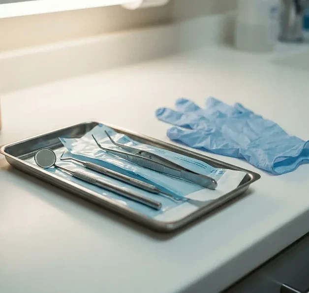 Tandheelkundig dienblad met steriele instrumenten en een latex handschoen op een witte klinische ondergrond.