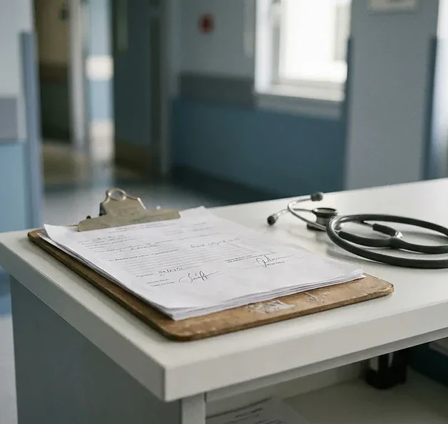 Medisch klembord met ondertekende toestemmingsformulieren op klinisch bureau naast stethoscoop, ziekenhuisgang op de achtergrond.