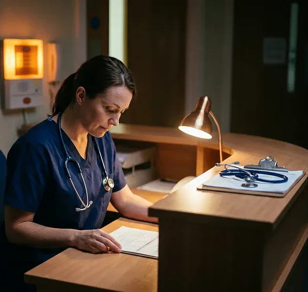 Triageverpleegkundige in scrubs bekijkt patiëntnotities aan een balie van een huisartsenpost, met amberkleurig oproeplicht op de achtergrond.