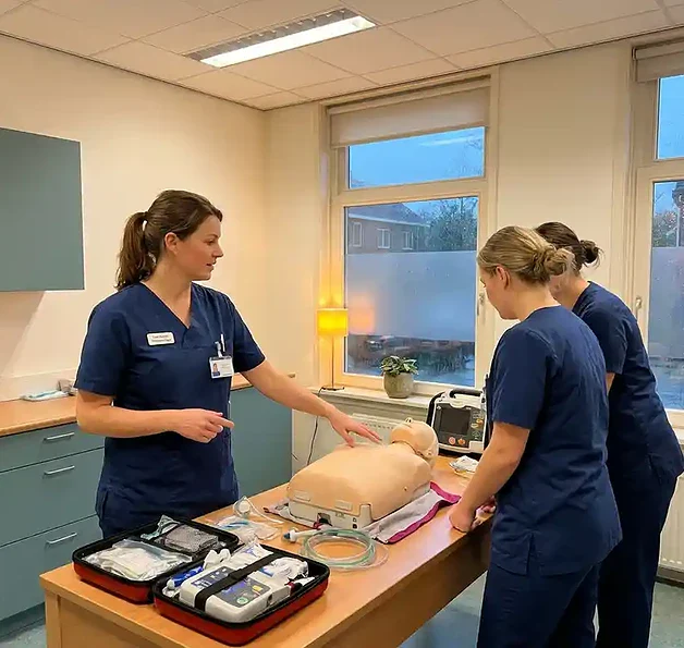 Verloskundige in scrubs leidt reanimatietraining in huisartsenpraktijk, met oefenpop op onderzoektafel en open EHBO-kit.