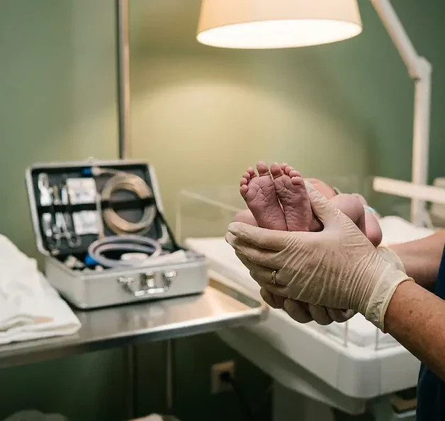 Vroedvrouw houdt zachtjes de voetjes van een pasgeboren baby vast in een verloskamer, met een noodhulpkit op een stalen dienblad.