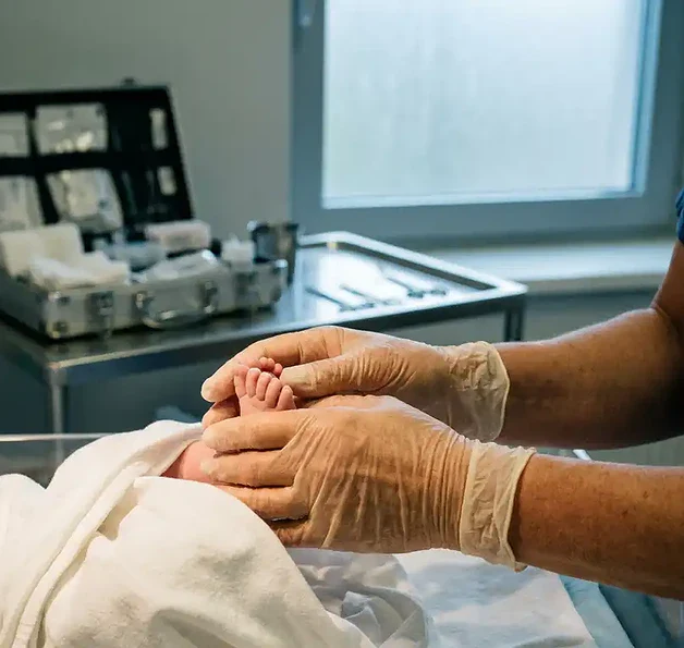 Vroedvrouw houdt zachtjes de voetjes van een pasgeboren baby vast in een verloskamer, met een geopende noodkit op een stalen dienblad.