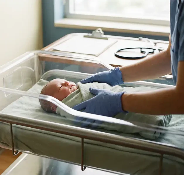 Vroedvrouw legt pasgeboren baby voorzichtig in ziekenhuiswiegje, met stethoscoop en klembord op achtergrond in verloskamer.