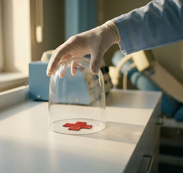 Doktershand die glazen stolp plaatst over rood kruis symbool op wit bureau, zachte medische belichting, zorgzame beschermende sfeer.