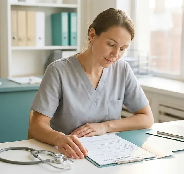 Zorgprofessional bestudeert incidentrapport aan klinisch bureau met stethoscoop, warm natuurlijk licht, rustige professionele sfeer.