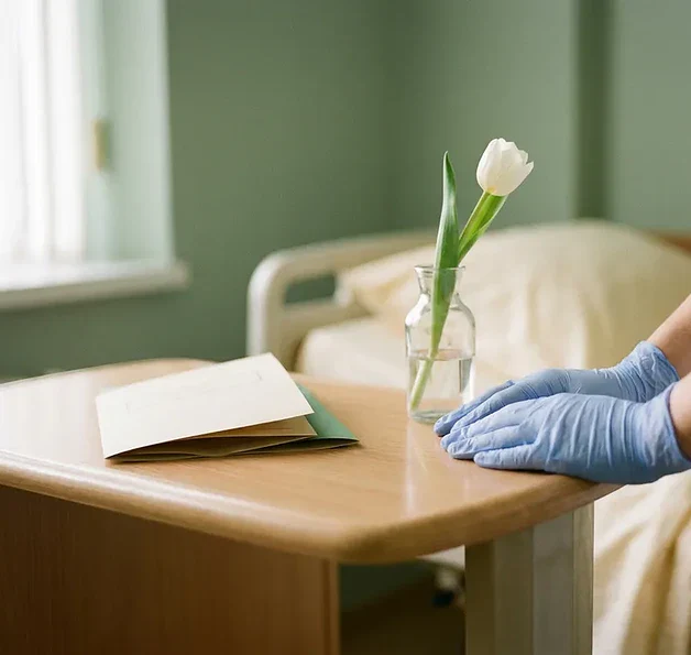 Gehandschoende handen van een zorgverlener naast een witte tulp en zorgdocument op een ziekenhuisnachtkastje, zachte salie- en ivoorkleurige tinten.