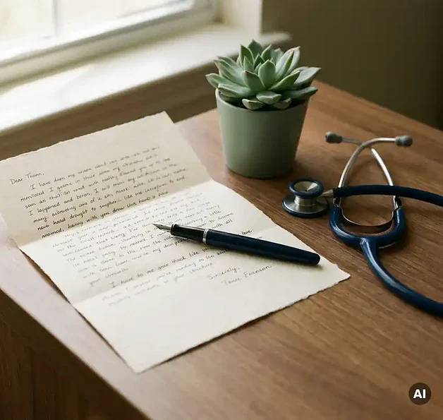 Handgeschreven brief op klinisch bureau naast stethoscoop, potplant en pen, in zacht natuurlijk raamlicht.