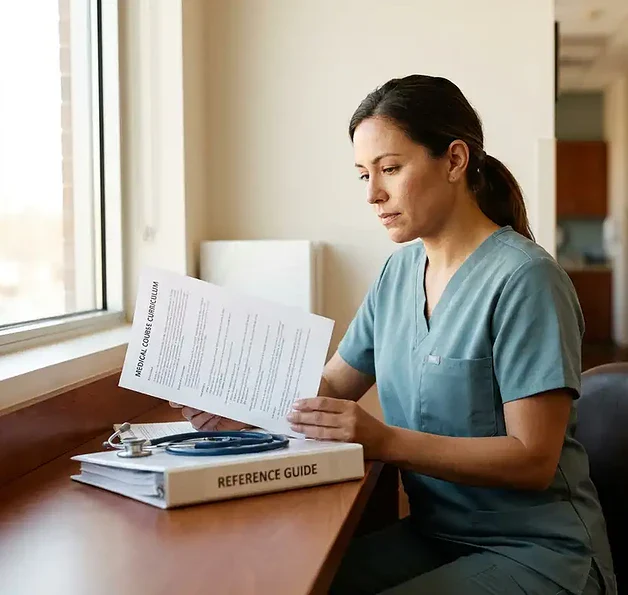 Doktersassistent in scrubs bestudeert cursuscurriculum aan kliniekbureau met stethoscoop en medische map in zachte natuurlijke belichting.